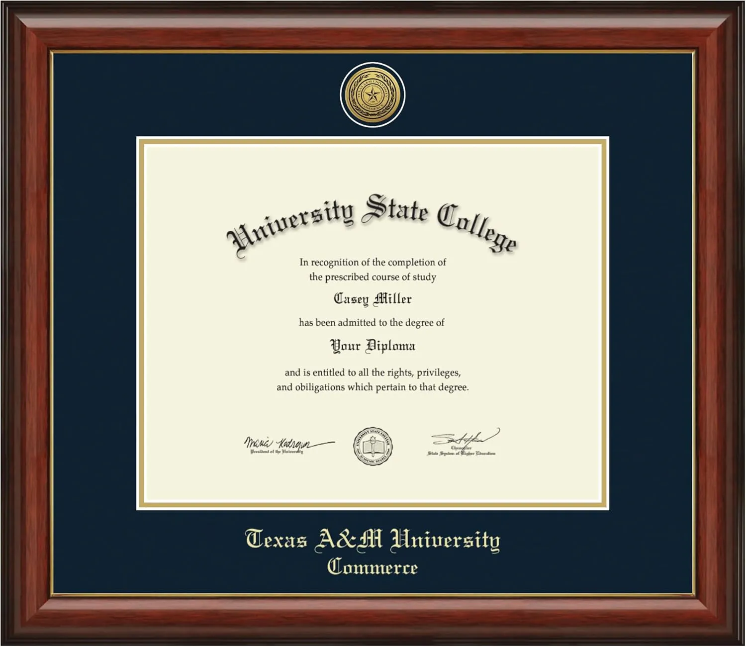 Texas A&M University - Commerce 14" w x 11" h Diploma Frame - Fits a bachelor's, master's and phd - Gold Engraved Medallion Diploma Frame - Cherry Moulding with Navy and Gold Matting