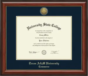 Texas A&M University - Commerce 14" w x 11" h Diploma Frame - Fits a bachelor's, master's and phd - Gold Engraved Medallion Diploma Frame - Cherry Moulding with Navy and Gold Matting