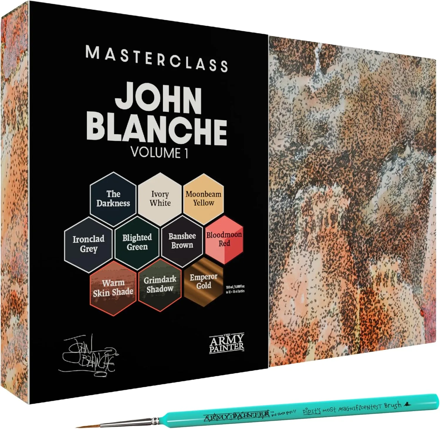 The Army Painter, Masterclass John Blanche Volume 1 Paint Set, 6 x Warpaints Fanatic Paints, 1 unique Speedpaint, 2 Washes, 1 Metallic, 1 Art Print & 1 Brush - Model Paint for Miniature Wargaming