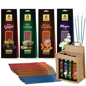 The Aroma Factory Organic Incense Sticks | Pure Gugal, Shahi Loban, Kesar Chandan & Mogra | 4 Packets of 30 Agarbatii | 100% Organic & Charcoal Free | Jute Bag Incense Gift Set with Incense Holder