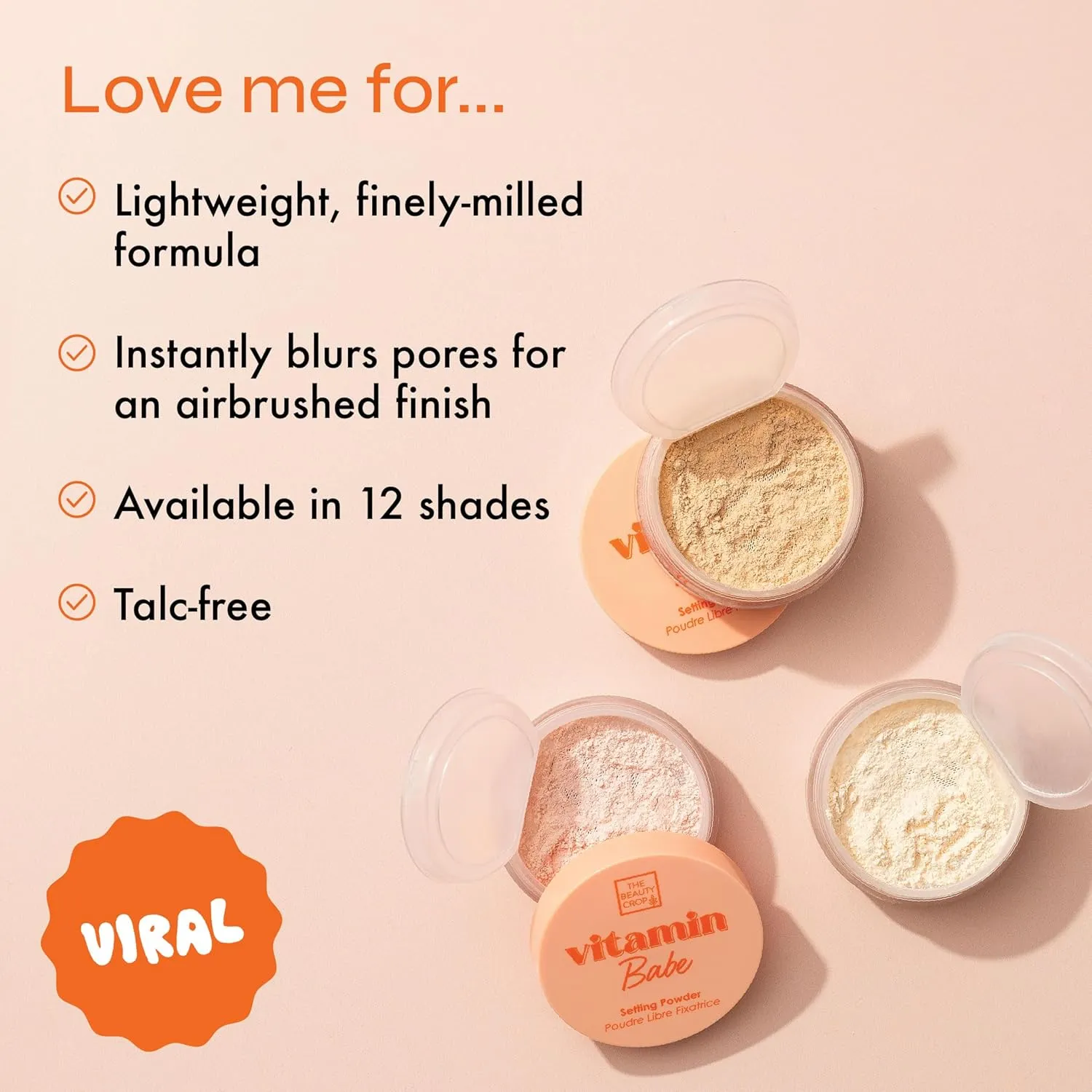 The Beauty Crop Vitamin Babe Setting Powder - Talc-Free Loose Powder for Flawless Finish - Peach Shade - 0.35 oz