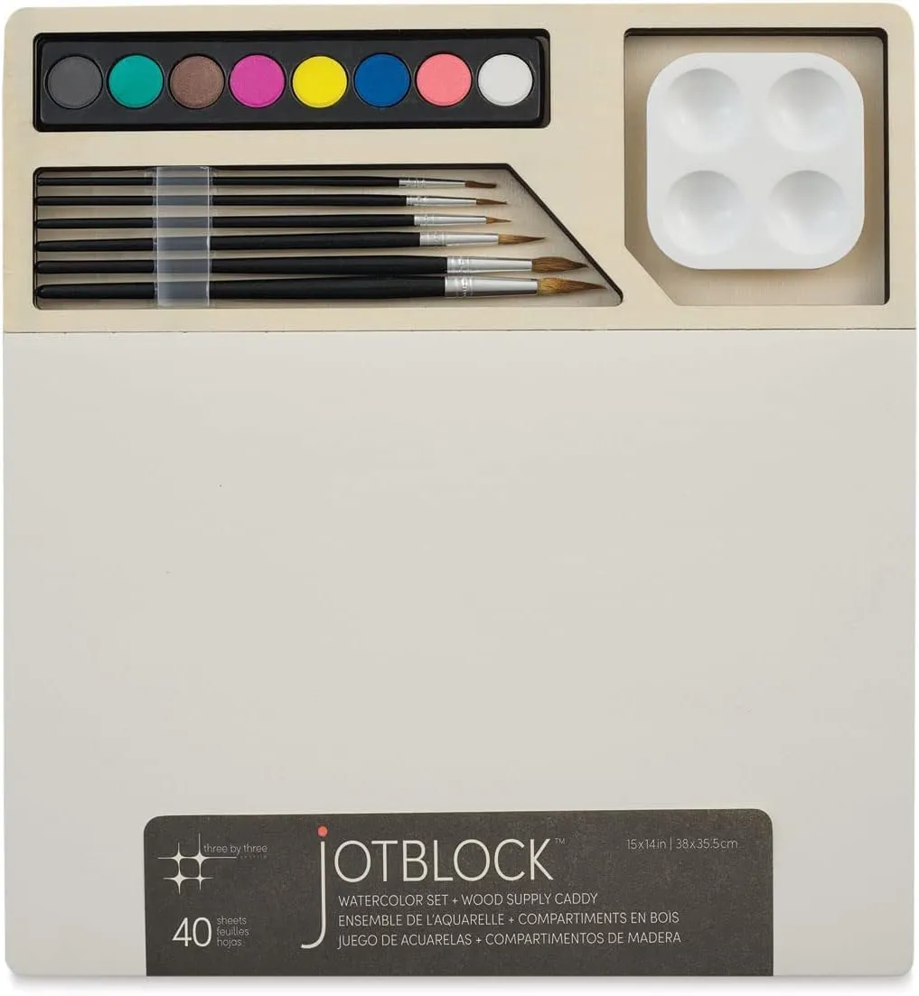 Three by Three jOTBLOCK Portable Watercolor Artistry Essentials Set: Quality Paper, Vibrant Watercolor Cakes, Brushes, and Palette (40 Sheets)