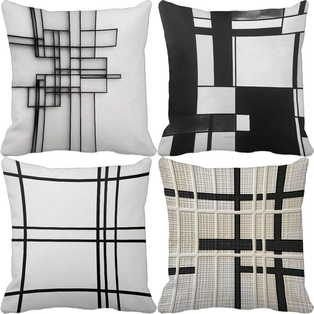 Throw Pillow Covers 24x24 in Set of 4 Black and White Square Pillow Covers Geometry Super Soft Pillowcases for Spring Decor Outdoor Cushions with Invisible Zipper for Sofa Living Room Home Decor J-U