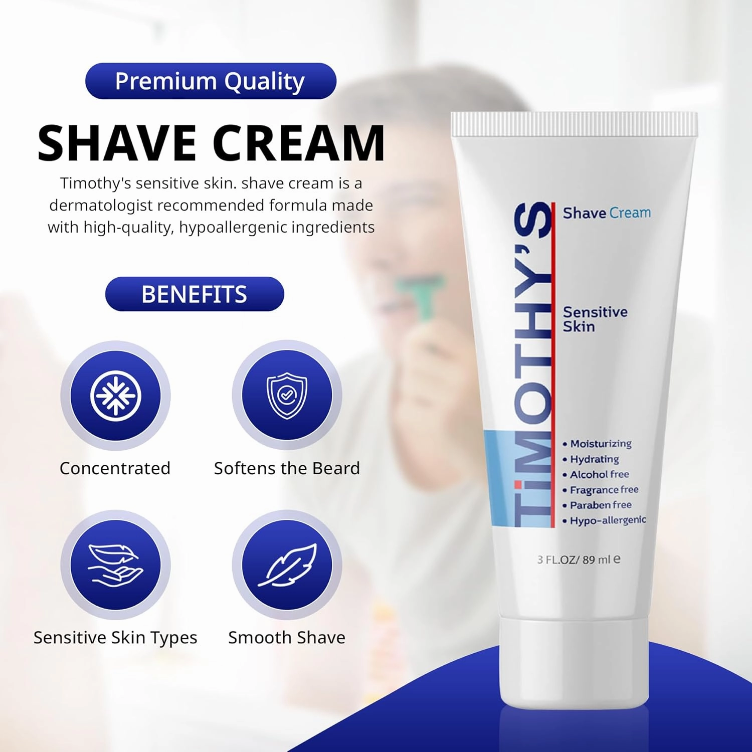 Timothy's Fragrance Free shave cream 3 oz. travel size, Alcohol Free, Paraben Free, Unscented, SLS Free, Slick, Moisturizing, TSA travel size