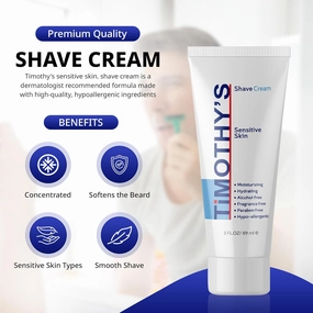 Timothy's Fragrance Free shave cream 3 oz. travel size, Alcohol Free, Paraben Free, Unscented, SLS Free, Slick, Moisturizing, TSA travel size