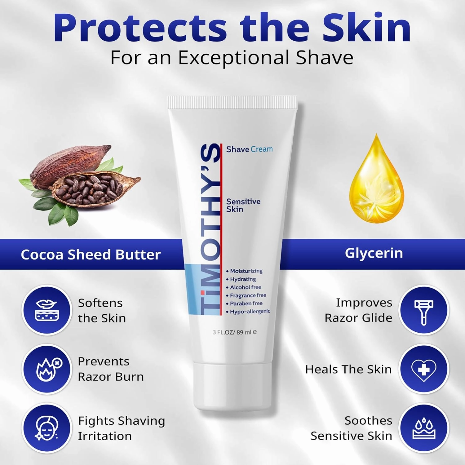 Timothy's Fragrance Free shave cream 3 oz. travel size, Alcohol Free, Paraben Free, Unscented, SLS Free, Slick, Moisturizing, TSA travel size
