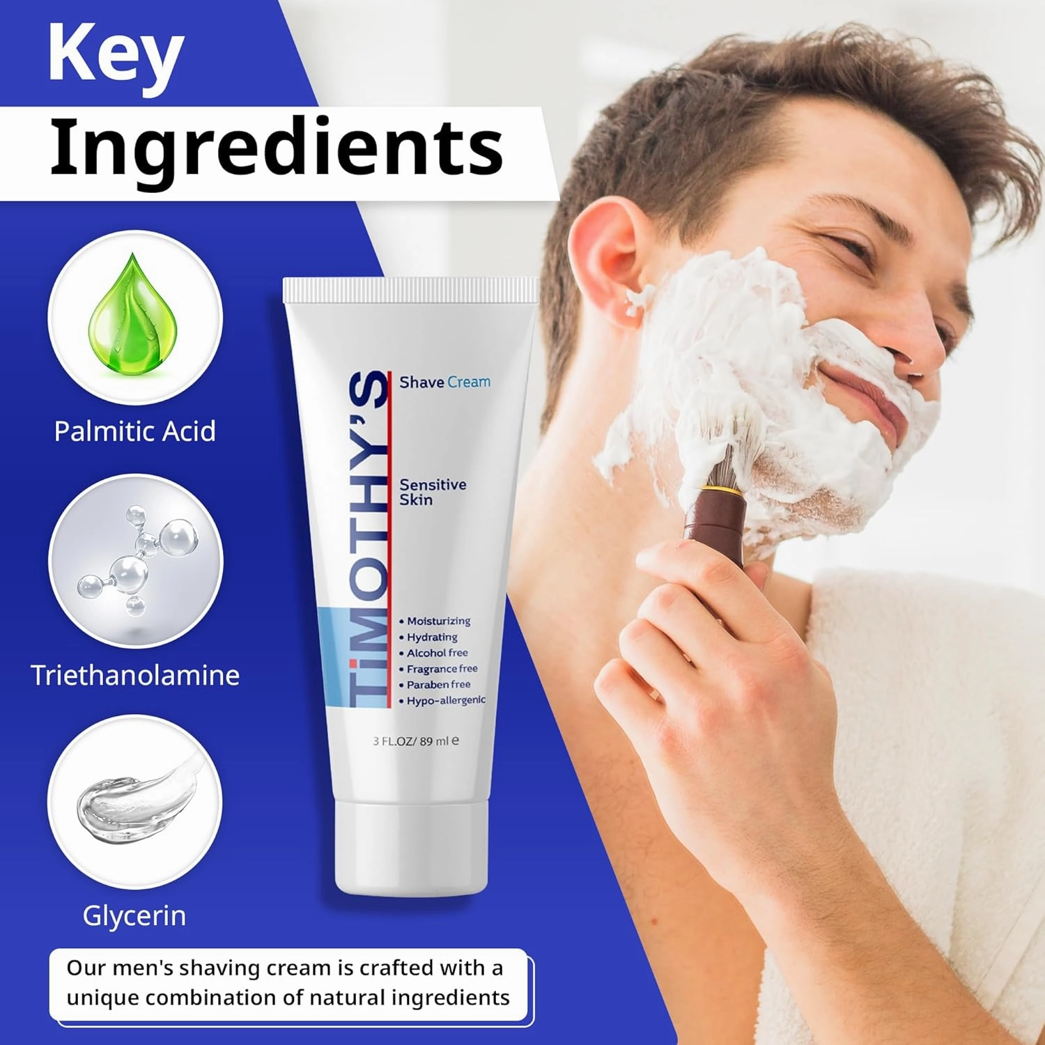 Timothy's Fragrance Free shave cream 3 oz. travel size, Alcohol Free, Paraben Free, Unscented, SLS Free, Slick, Moisturizing, TSA travel size