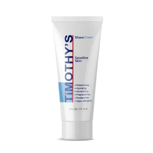Timothy's Unscented Shave Cream 6 ounce Sensitive Skin, Fragrance Free, Alcohol Free, Paraben Free