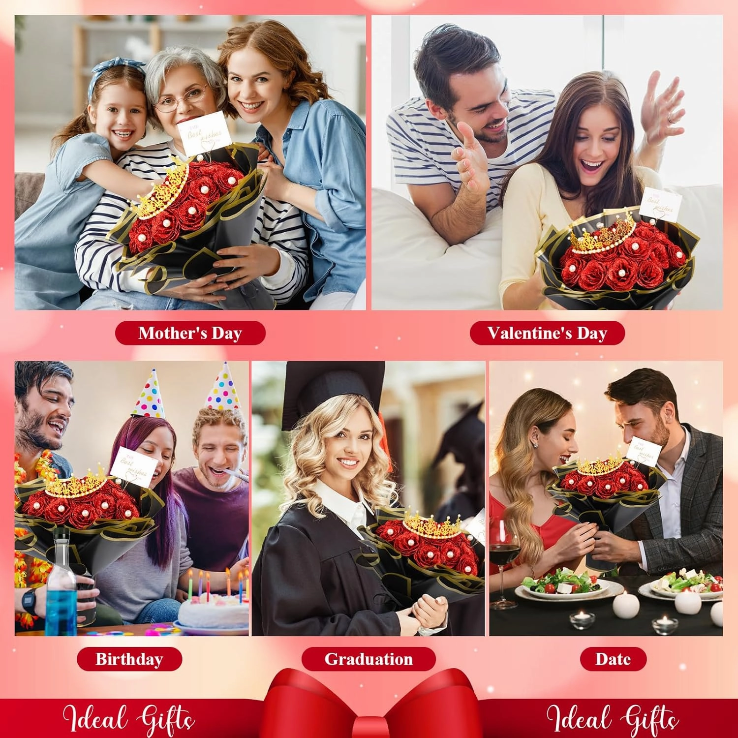 TLY Glitter Roses Bouquet Red Roses Artificial Flowers with Flower Wrapping Paper Crowns Cards for Valentine's Day Nurses Day Graduation Anniversary Engagement Wedding (24, Red)