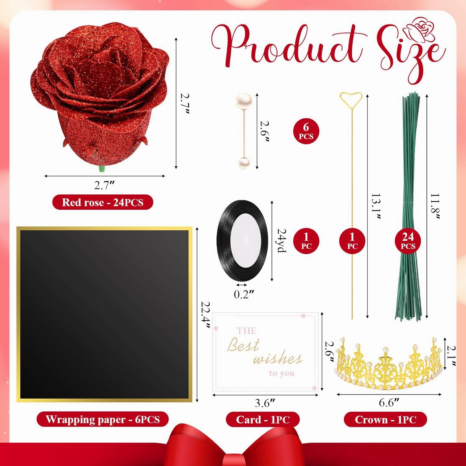 TLY Glitter Roses Bouquet Red Roses Artificial Flowers with Flower Wrapping Paper Crowns Cards for Valentine's Day Nurses Day Graduation Anniversary Engagement Wedding (24, Red)