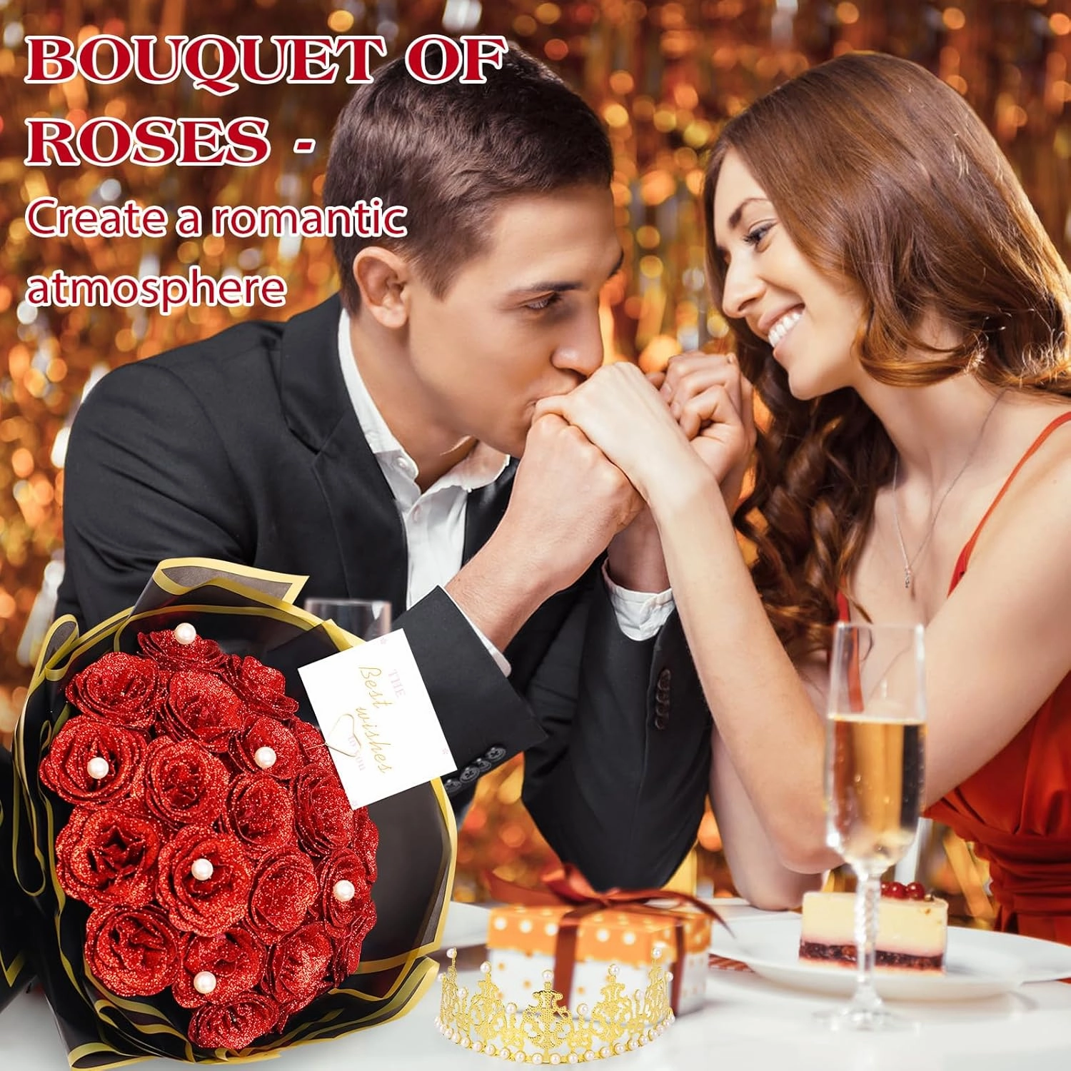 TLY Glitter Roses Bouquet Red Roses Artificial Flowers with Flower Wrapping Paper Crowns Cards for Valentine's Day Nurses Day Graduation Anniversary Engagement Wedding (24, Red)