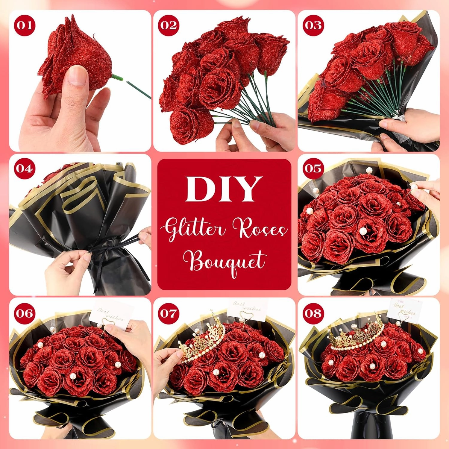 TLY Glitter Roses Bouquet Red Roses Artificial Flowers with Flower Wrapping Paper Crowns Cards for Valentine's Day Nurses Day Graduation Anniversary Engagement Wedding (24, Red)