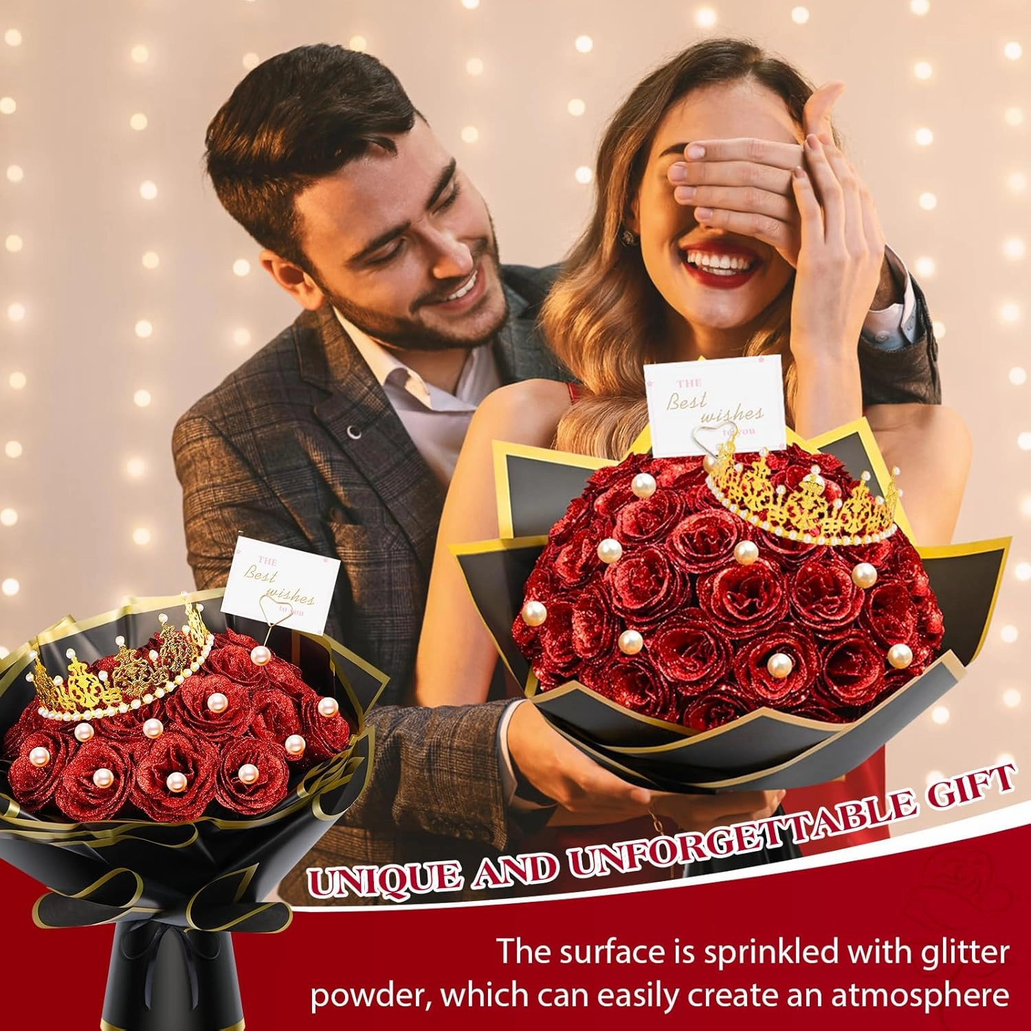 TLY Glitter Roses Bouquet Red Roses Artificial Flowers with Flower Wrapping Paper Crowns Cards for Valentine's Day Nurses Day Graduation Anniversary Engagement Wedding (24, Red)
