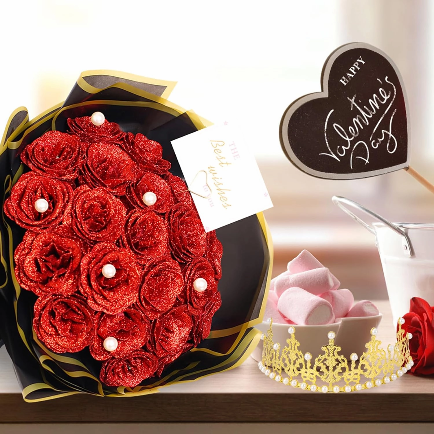 TLY Glitter Roses Bouquet Red Roses Artificial Flowers with Flower Wrapping Paper Crowns Cards for Valentine's Day Nurses Day Graduation Anniversary Engagement Wedding (24, Red)