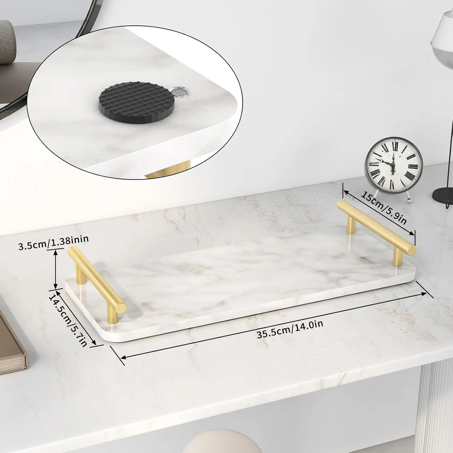 Toilet Paper Basket, Stainless Steel Toilet Tank Tray with Handle for Organizing - Toilet Paper Basket Storage for Toilet Tank, Bathroom, Kitchen Counter (Marble Gold)