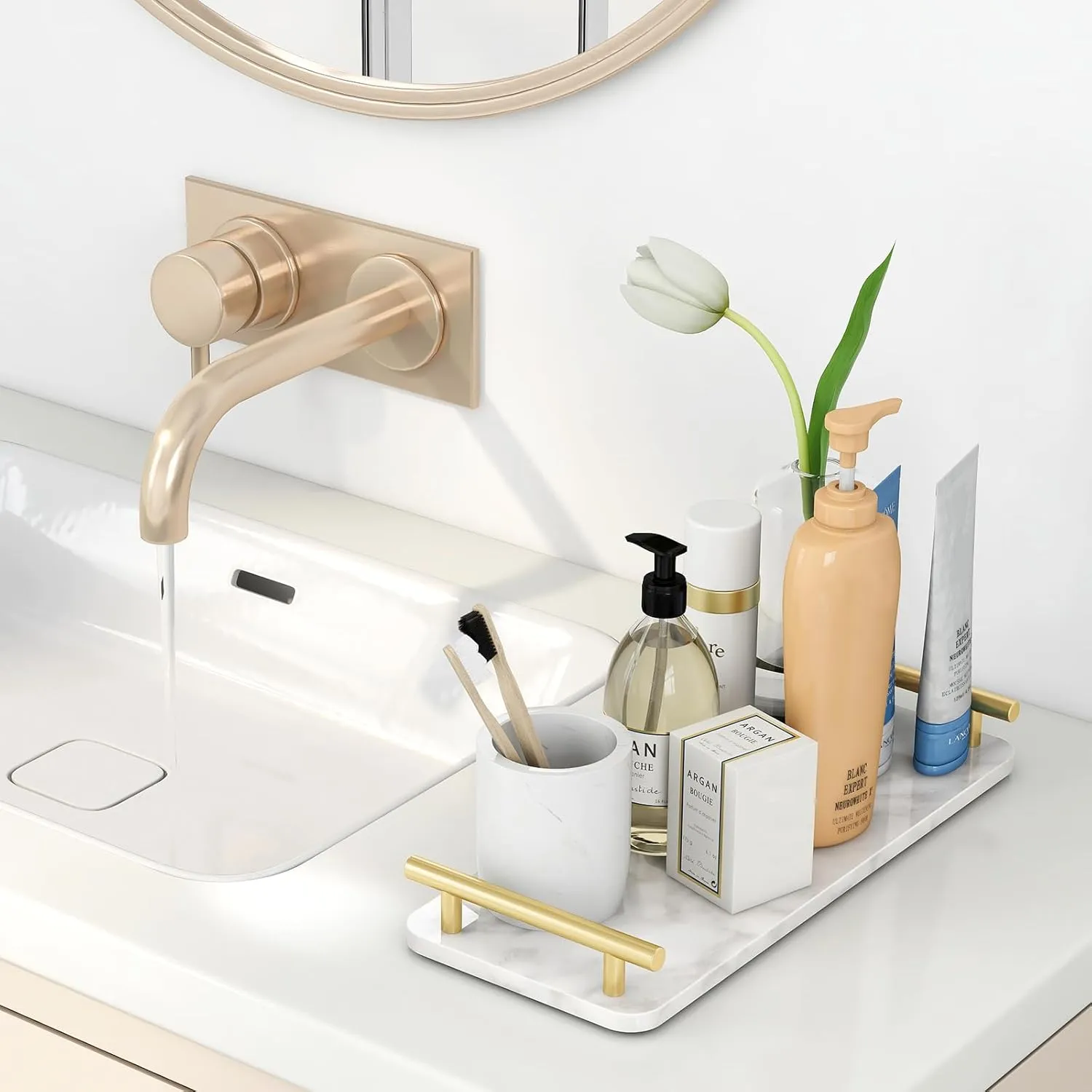 Toilet Paper Basket, Stainless Steel Toilet Tank Tray with Handle for Organizing - Toilet Paper Basket Storage for Toilet Tank, Bathroom, Kitchen Counter (Marble Gold)