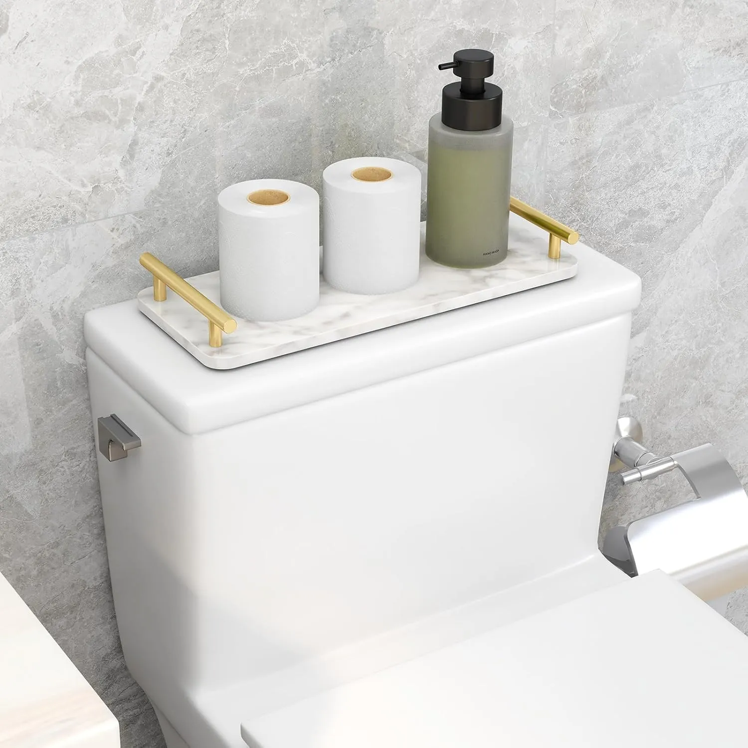 Toilet Paper Basket, Stainless Steel Toilet Tank Tray with Handle for Organizing - Toilet Paper Basket Storage for Toilet Tank, Bathroom, Kitchen Counter (Marble Gold)
