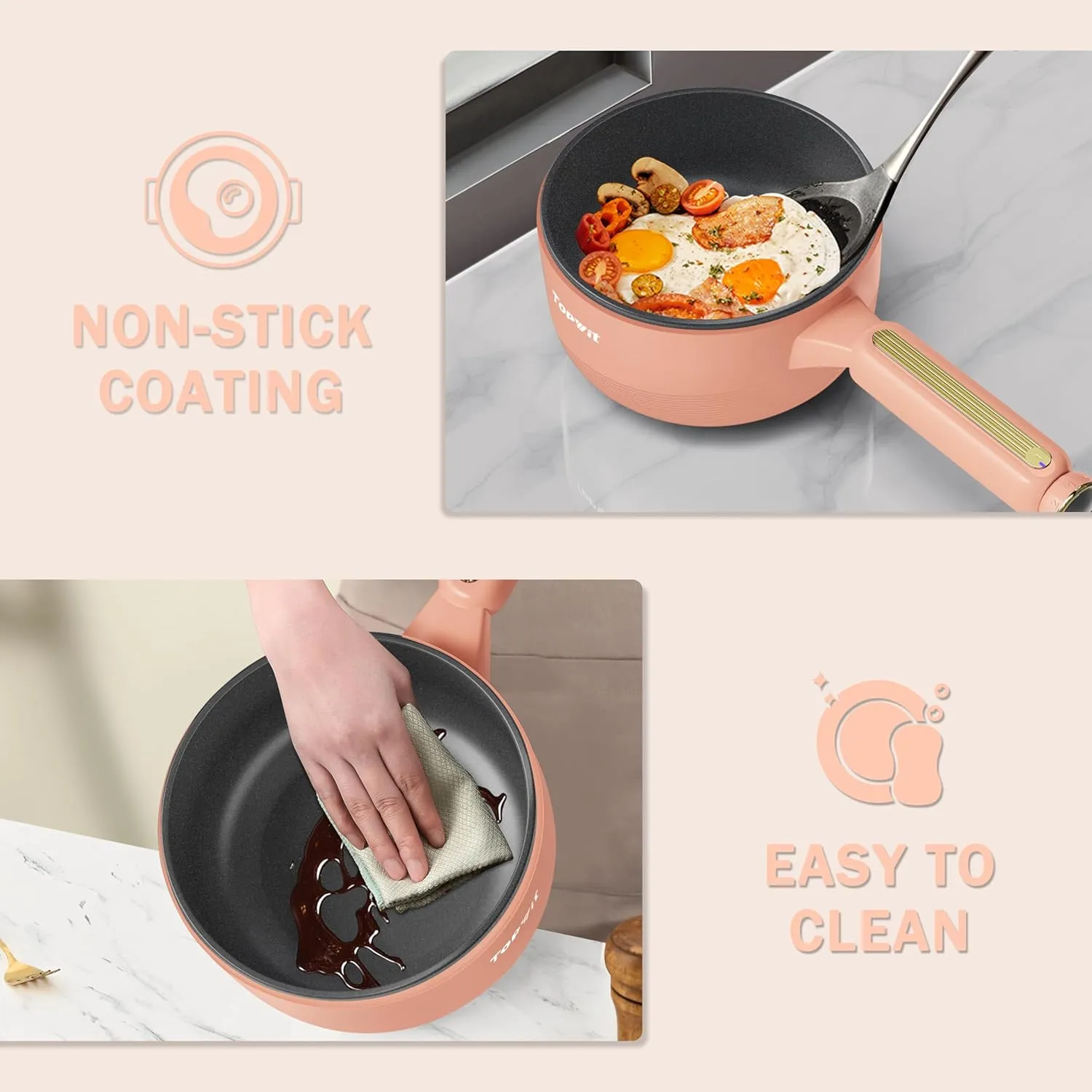 TOPWIT Hot Pot Electric with Steamer, 𝟐𝐋 Electric Pot, Non-Stick Portable Cooker, Portable Pot, Sauté Pan for Steak, Egg, Ramen, Soup with Dual Power Control (Silicone Spatula Included), Peach