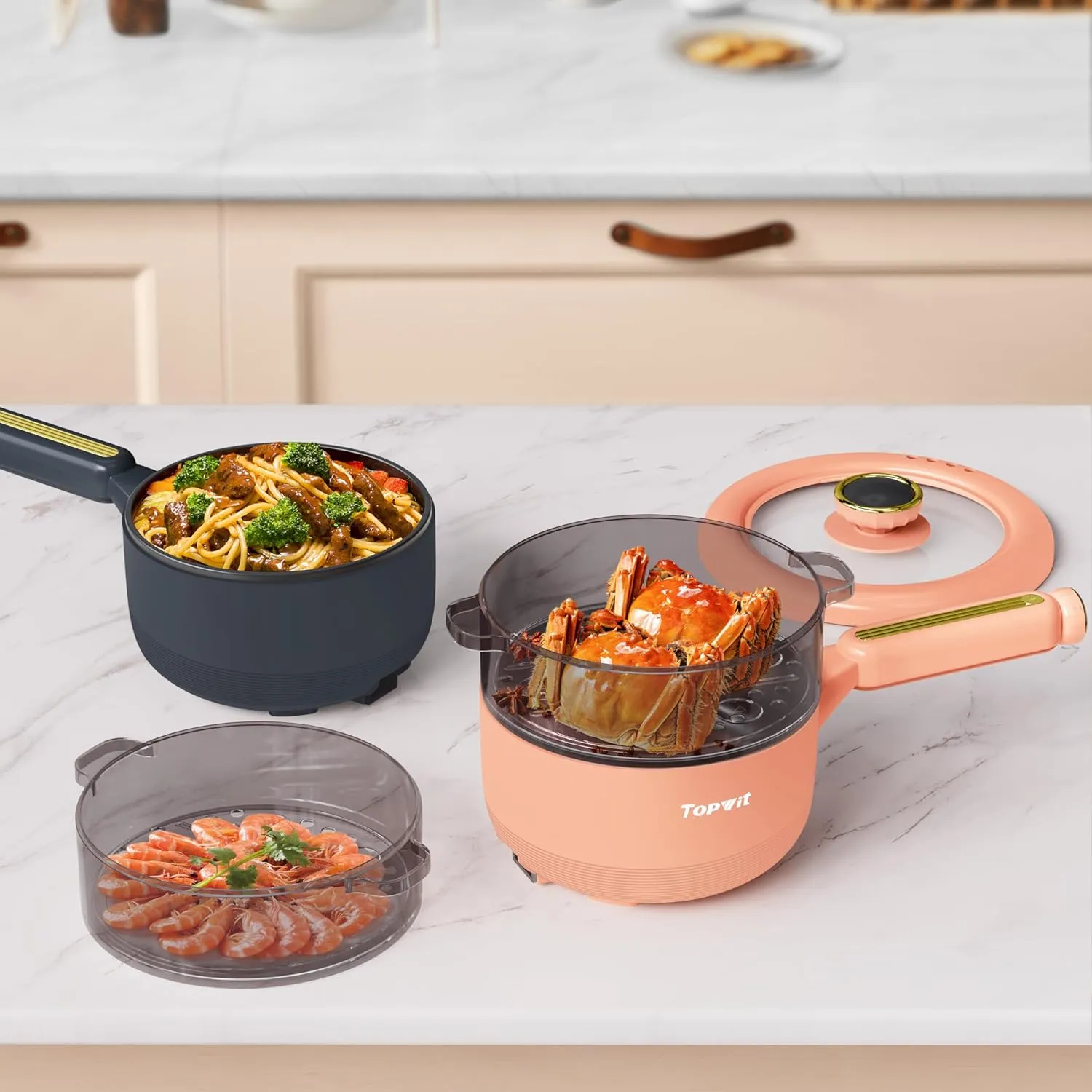 TOPWIT Hot Pot Electric with Steamer, 𝟐𝐋 Electric Pot, Non-Stick Portable Cooker, Portable Pot, Sauté Pan for Steak, Egg, Ramen, Soup with Dual Power Control (Silicone Spatula Included), Peach