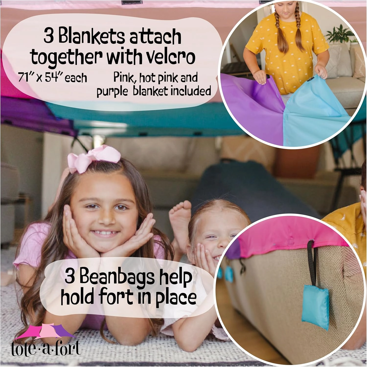 Tote a Fort Princess Blanket Fort Building Kit for Kids, 3 Blanket TOTEAFORT Toy, Make a Portable Playhouse, Play Tent Boy and Girl Indoor Outdoor Build Set, STEM Children Toy, Ages 4, 8, 12  