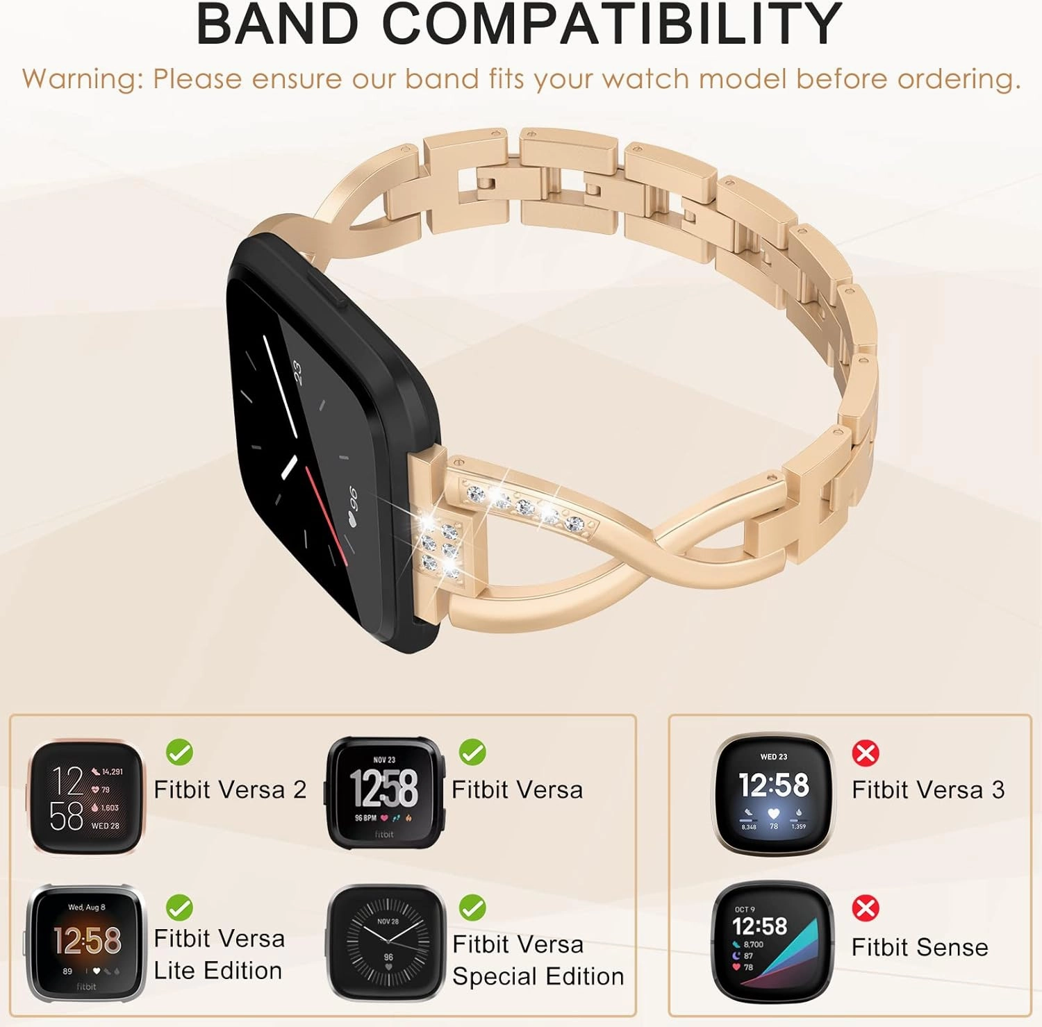 TOYOUTHS Bling Bracelet Compatible With Fitbit Versa 2 for Women, Stainless Steel Wristband Replacement for Versa Lite Edition/SE, Dressy Metal Strap Bangle Gold