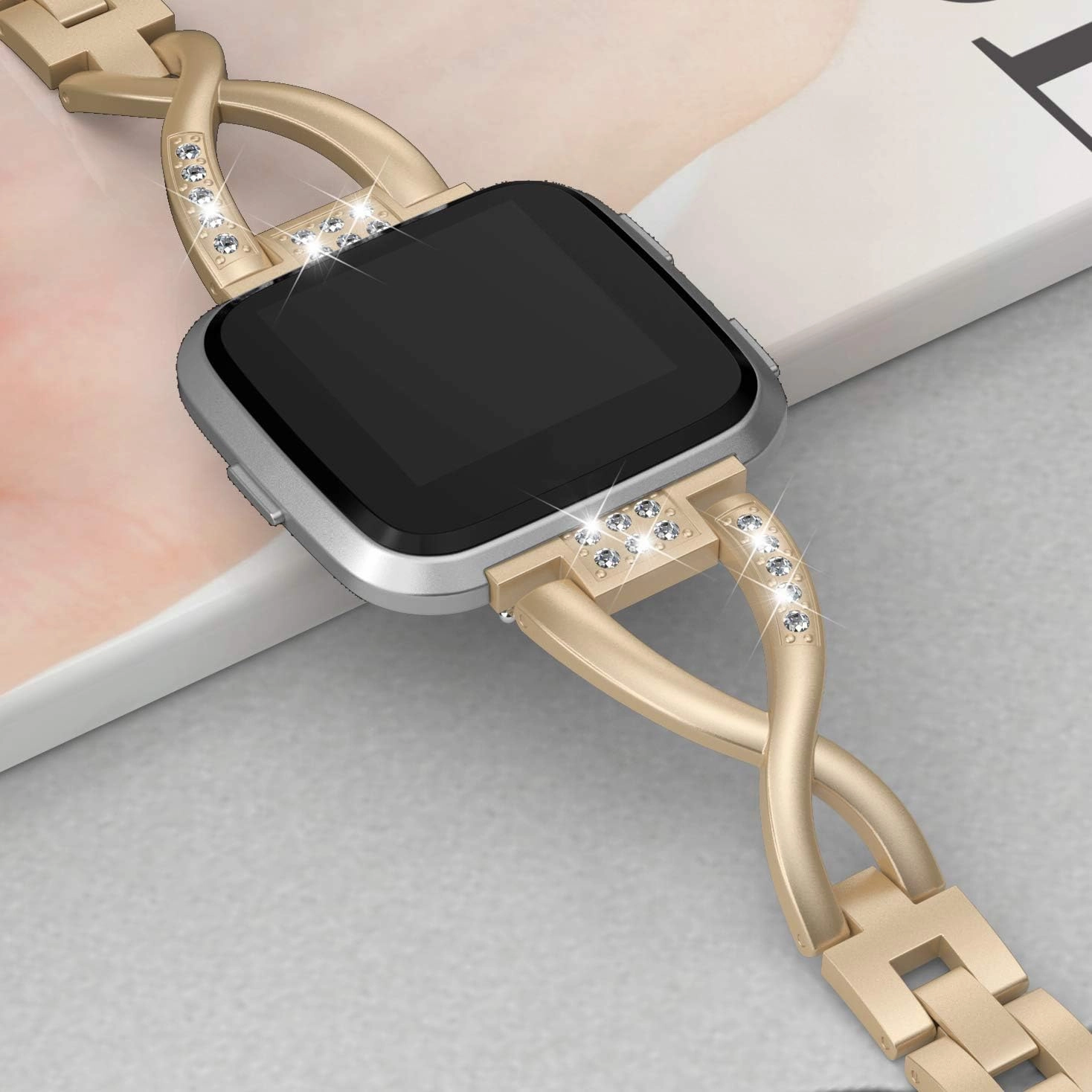 TOYOUTHS Bling Bracelet Compatible With Fitbit Versa 2 for Women, Stainless Steel Wristband Replacement for Versa Lite Edition/SE, Dressy Metal Strap Bangle Gold