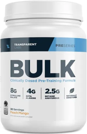 Transparent Labs Bulk Pre Workout Powder - Naturally Sweetened Advanced Pre-Workout Formula for Muscle Building and Strength - 30 Servings, Peach Mango