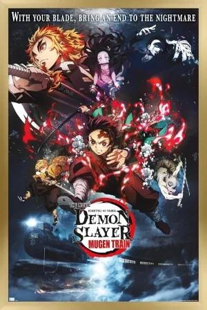 Trends International Demon Slayer: Mugen Train - Collage One Sheet Wall Poster, 22.375" x 34", Gold Framed Version