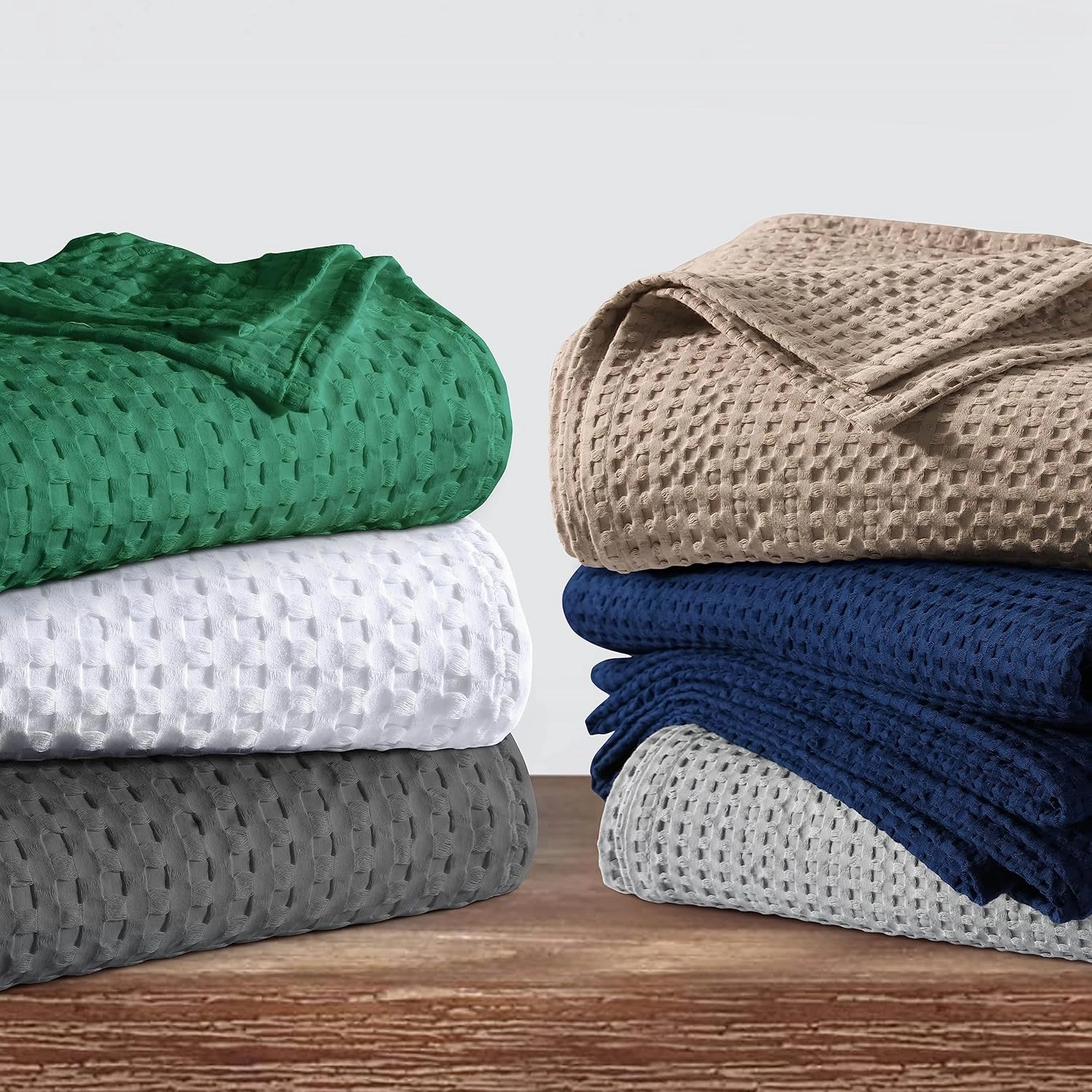 Tribeca Living Waffle Weave Cotton Blanket Twin Size, Garment Washed Soft Light Weight Breathable Oversized Blanket for All Season, Madrid/Midnight Blue
