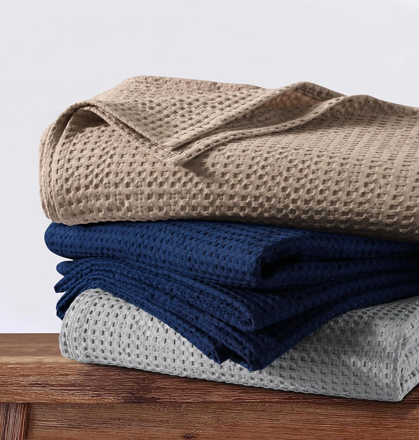 Tribeca Living Waffle Weave Cotton Blanket Twin Size, Garment Washed Soft Light Weight Breathable Oversized Blanket for All Season, Madrid/Midnight Blue
