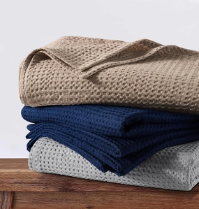 Tribeca Living Waffle Weave Cotton Blanket Twin Size, Garment Washed Soft Light Weight Breathable Oversized Blanket for All Season, Madrid/Midnight Blue