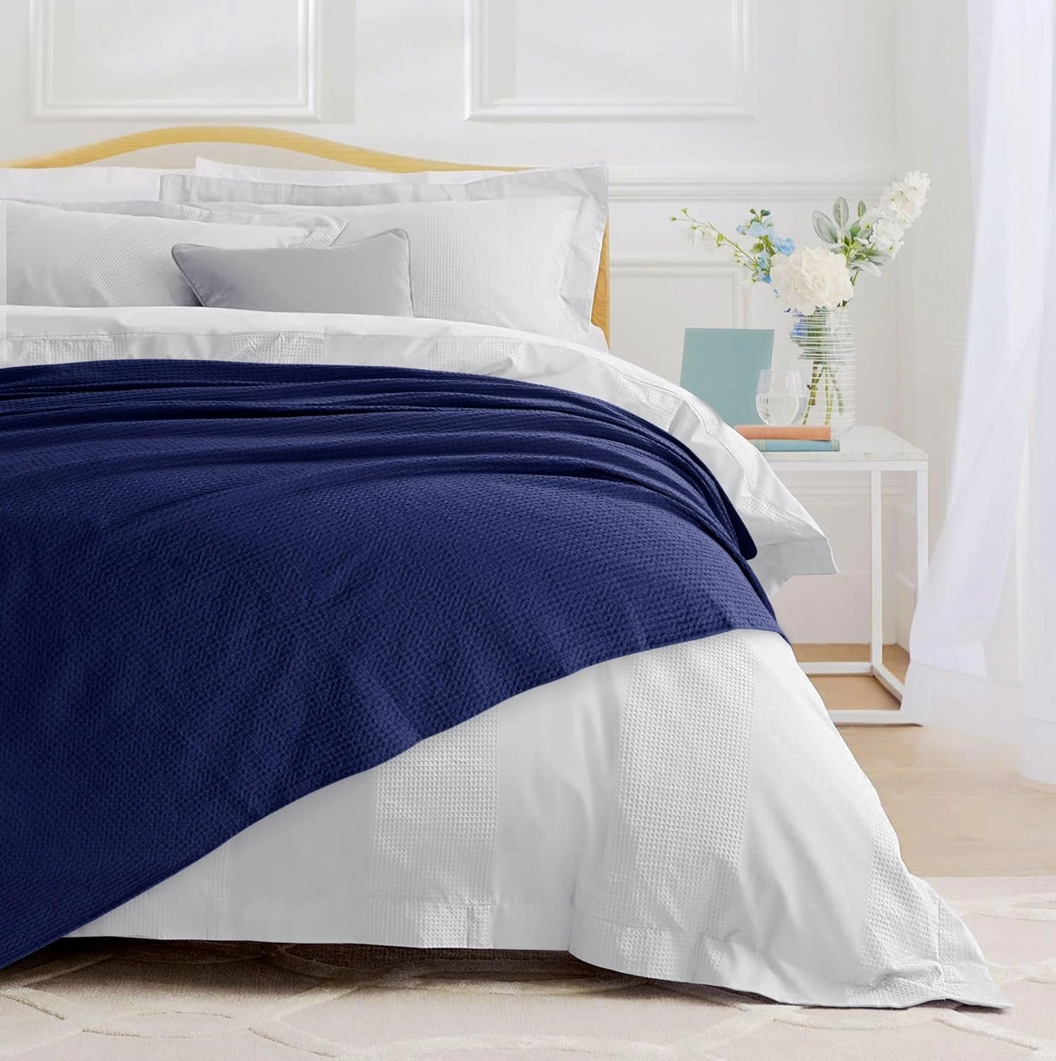 Tribeca Living Waffle Weave Cotton Blanket Twin Size, Garment Washed Soft Light Weight Breathable Oversized Blanket for All Season, Madrid/Midnight Blue