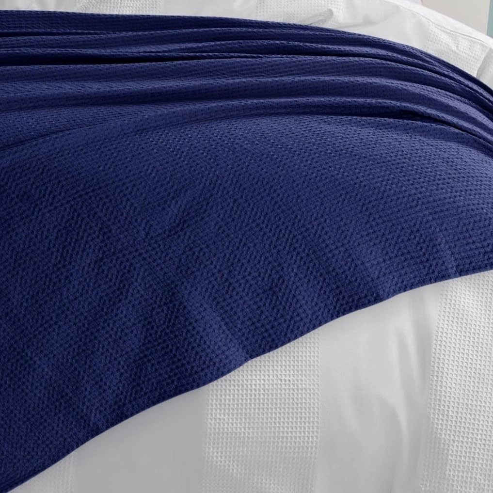 Tribeca Living Waffle Weave Cotton Blanket Twin Size, Garment Washed Soft Light Weight Breathable Oversized Blanket for All Season, Madrid/Midnight Blue