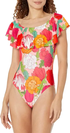 Trina Turk Women's Standard Sunny Bloom Off Shoulder Ruffled Bandeau One Piece Swimsuit-Bathing Suits