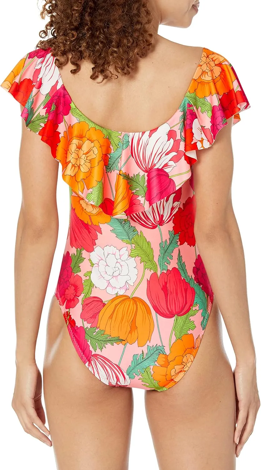 Trina Turk Women's Standard Sunny Bloom Off Shoulder Ruffled Bandeau One Piece Swimsuit-Bathing Suits