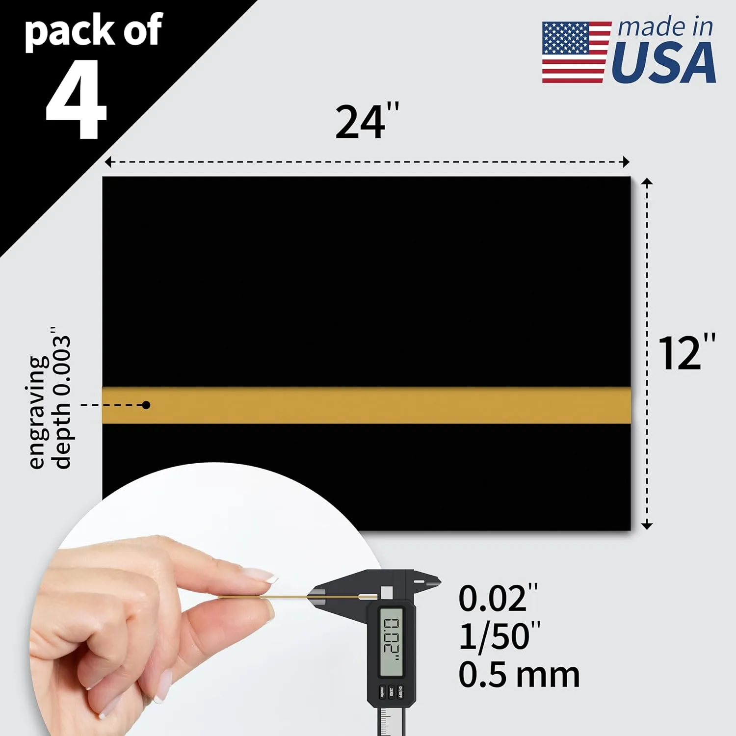Trotec | Thin Acrylic Sheet | 24”x12”x1/50”, 4 Pcs | 2 Ply | Black/Gold | Matte, Gloss & Brushed Metal Finish | Acrylic Panels for Laser Engraving, Trophy Plates, Interior Signs & Badges