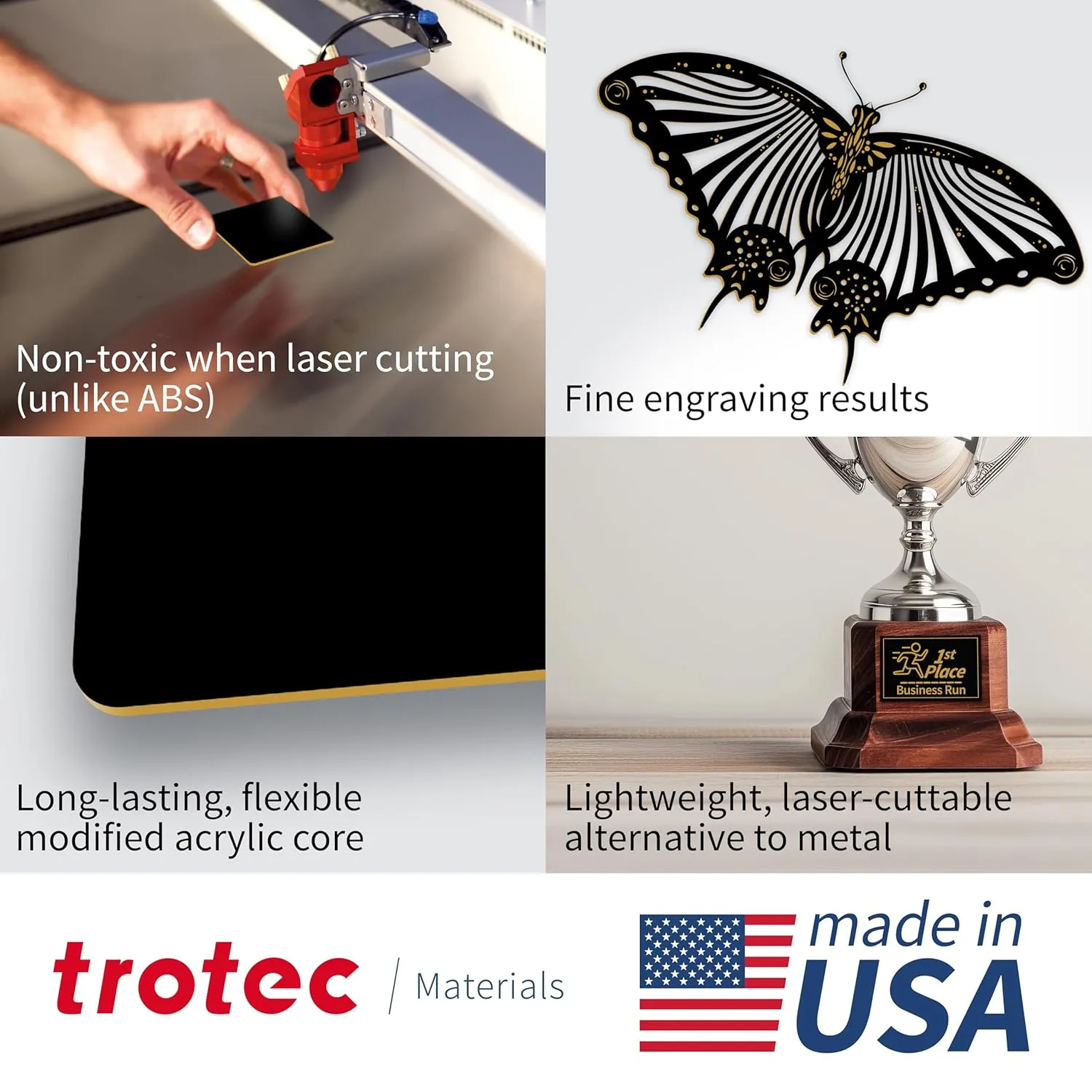 Trotec | Thin Acrylic Sheet | 24”x12”x1/50”, 4 Pcs | 2 Ply | Black/Gold | Matte, Gloss & Brushed Metal Finish | Acrylic Panels for Laser Engraving, Trophy Plates, Interior Signs & Badges