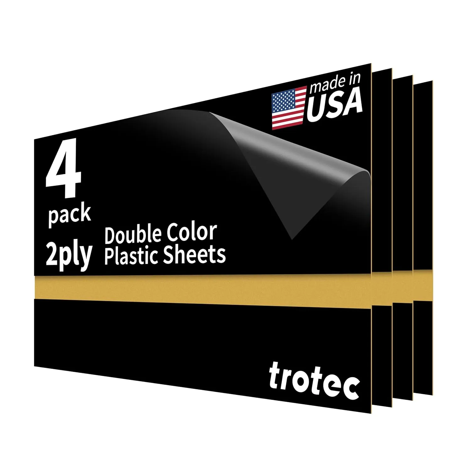 Trotec | Thin Acrylic Sheet | 24”x12”x1/50”, 4 Pcs | 2 Ply | Black/Gold | Matte, Gloss & Brushed Metal Finish | Acrylic Panels for Laser Engraving, Trophy Plates, Interior Signs & Badges
