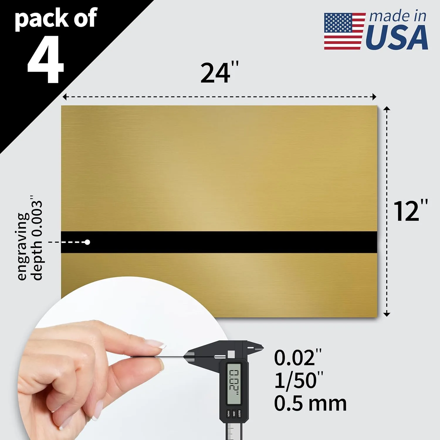 Trotec | Thin Acrylic Sheet | 24”x12”x1/50”, 4 Pcs | 2 Ply | Gold/Black | Matte, Gloss & Brushed Metal Finish | Acrylic Panels for Laser Engraving, Trophy Plates, Interior Signs & Badges