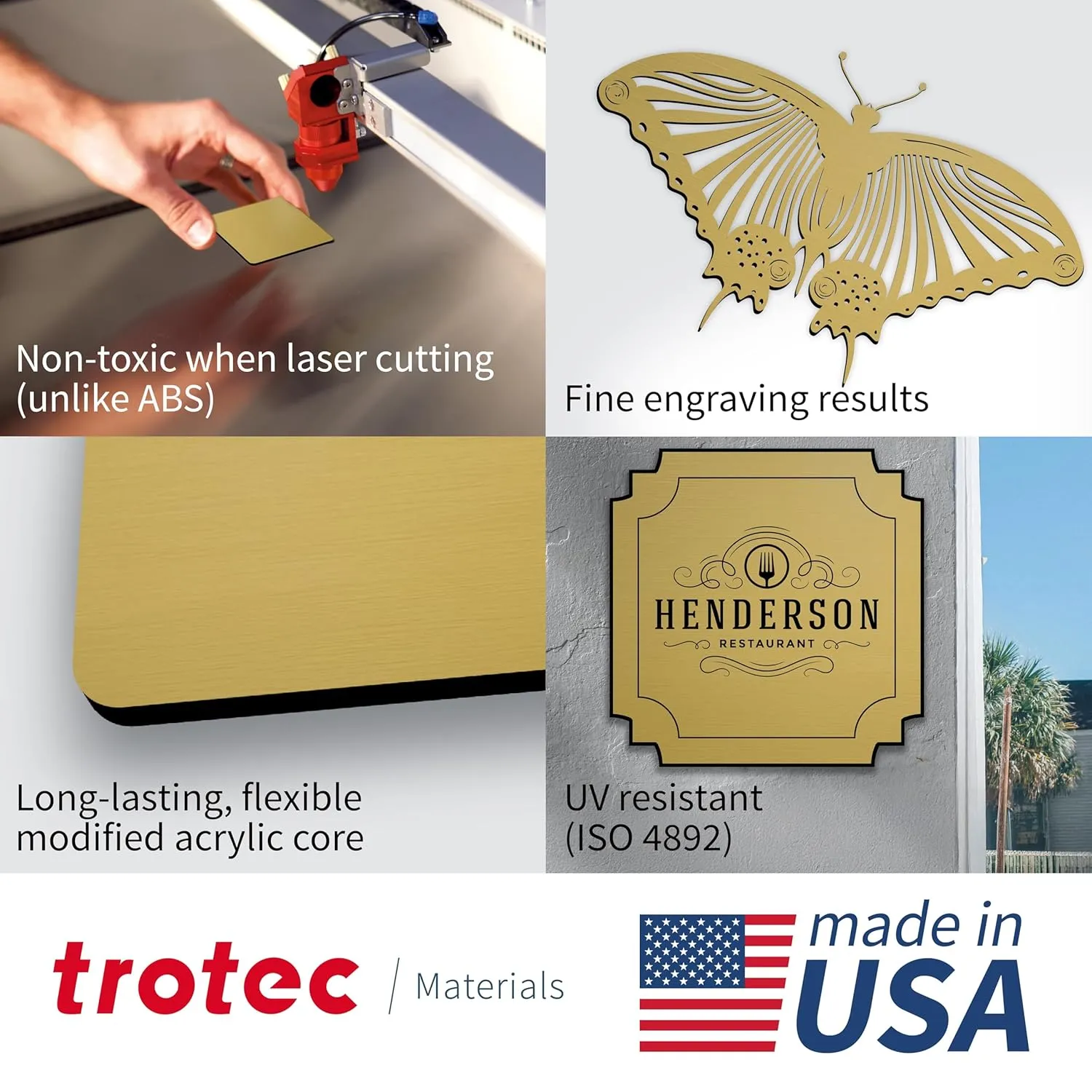 Trotec | Thin Acrylic Sheet | 24”x12”x1/50”, 4 Pcs | 2 Ply | Gold/Black | Matte, Gloss & Brushed Metal Finish | Acrylic Panels for Laser Engraving, Trophy Plates, Interior Signs & Badges