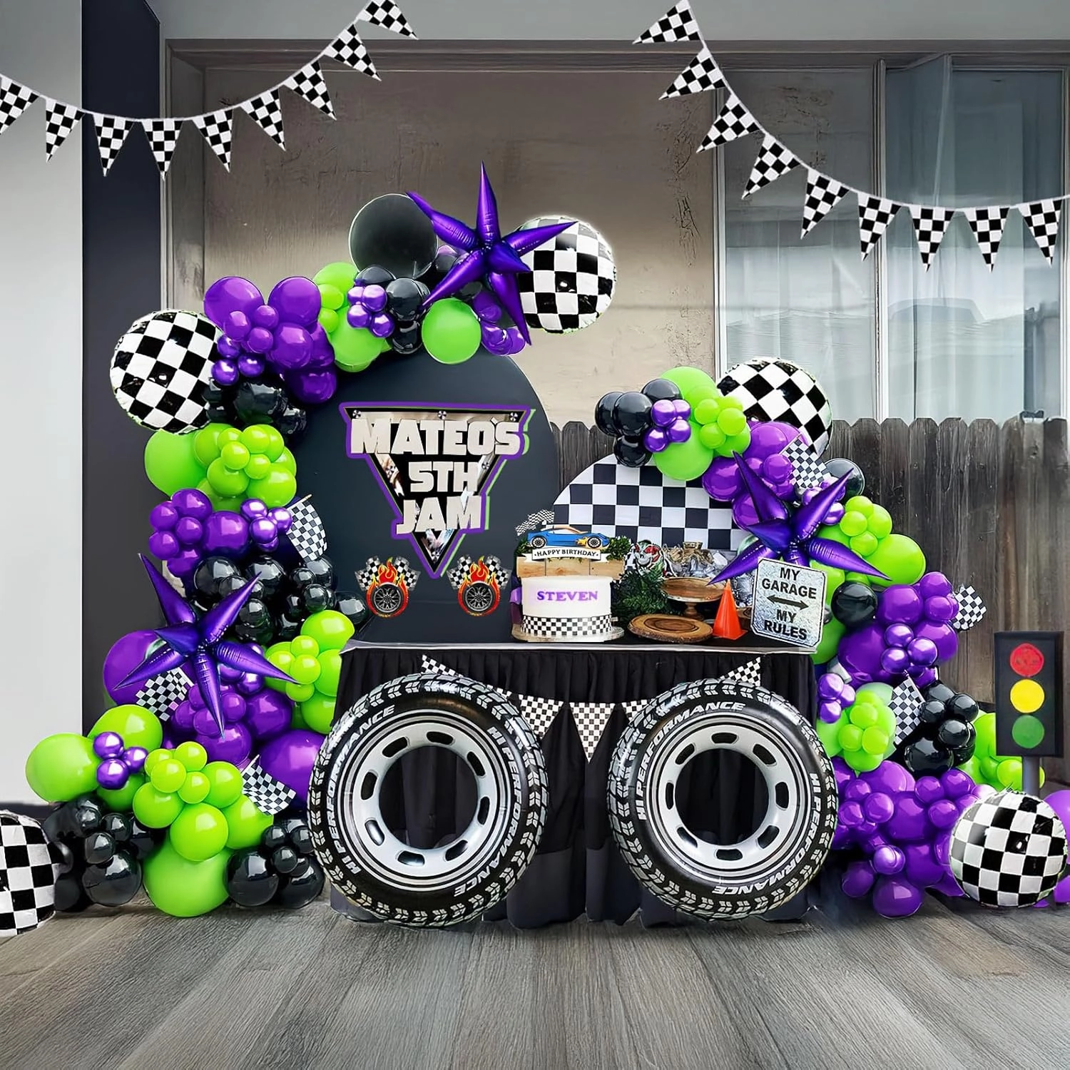 Truck Theme Purple and Green Black Balloon Garland Arch Kit with Big Wheels checkered star mylar foil tire balloons For Kids 3th 4th Birthday Monsters Racing Car Party Decorations (Green Black)