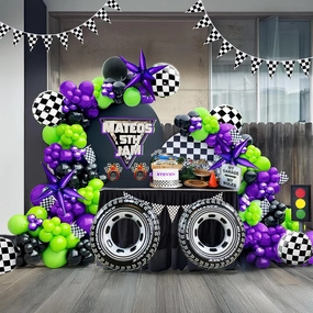 Truck Theme Purple and Green Black Balloon Garland Arch Kit with Big Wheels checkered star mylar foil tire balloons For Kids 3th 4th Birthday Monsters Racing Car Party Decorations (Green Black)