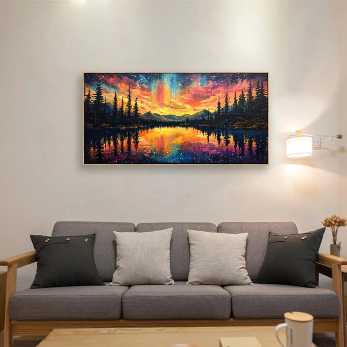 Tucai Decor Canvas Wall Art Large Mountain Lake Sunset Nature Landscape Painting with Aurora Night Sky for Living Room Decor Bedroom Office Wall Decor 30 x 58 inch Ready to Hang
