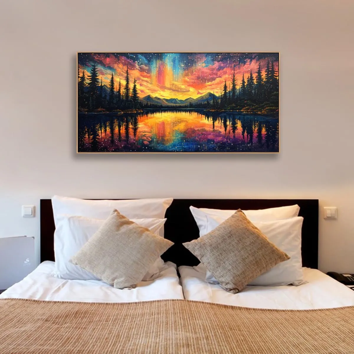 Tucai Decor Canvas Wall Art Large Mountain Lake Sunset Nature Landscape Painting with Aurora Night Sky for Living Room Decor Bedroom Office Wall Decor 30 x 58 inch Ready to Hang