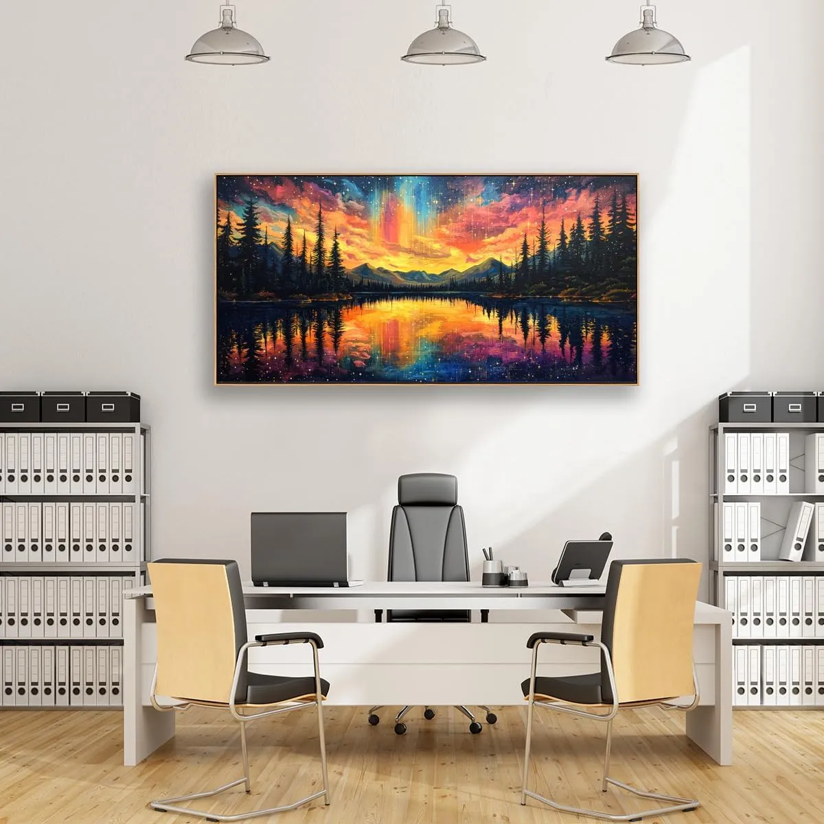Tucai Decor Canvas Wall Art Large Mountain Lake Sunset Nature Landscape Painting with Aurora Night Sky for Living Room Decor Bedroom Office Wall Decor 30 x 58 inch Ready to Hang