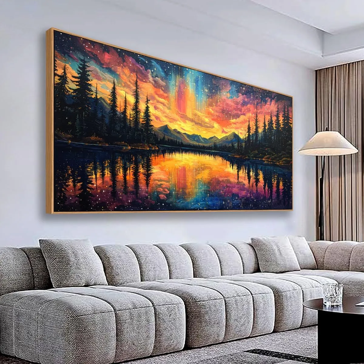 Tucai Decor Large Mountain Lake Sunset Canvas Wall Art Nature Landscape Painting with Aurora Night Sky for Living Room Decor Bedroom Office Wall Decor 20 x 40 inch Ready to Hang