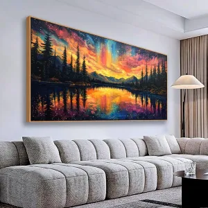 Tucai Decor Large Mountain Lake Sunset Canvas Wall Art Nature Landscape Painting with Aurora Night Sky for Living Room Decor Bedroom Office Wall Decor 20 x 40 inch Ready to Hang
