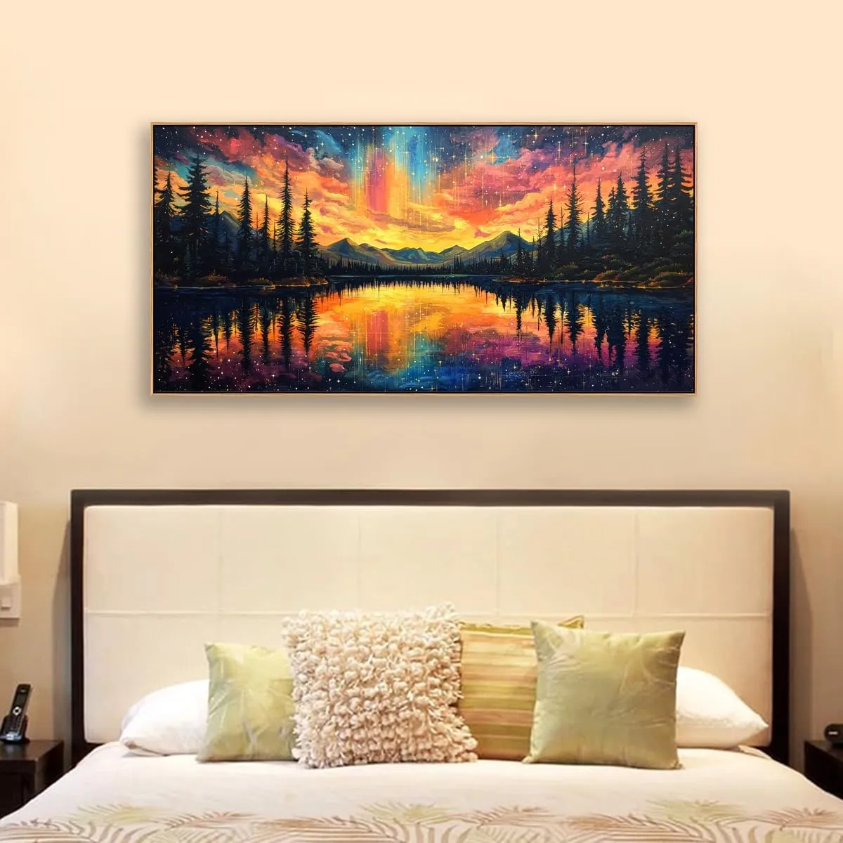 Tucai Decor Large Mountain Lake Sunset Canvas Wall Art Nature Landscape Painting with Aurora Night Sky for Living Room Decor Bedroom Office Wall Decor 20 x 40 inch Ready to Hang