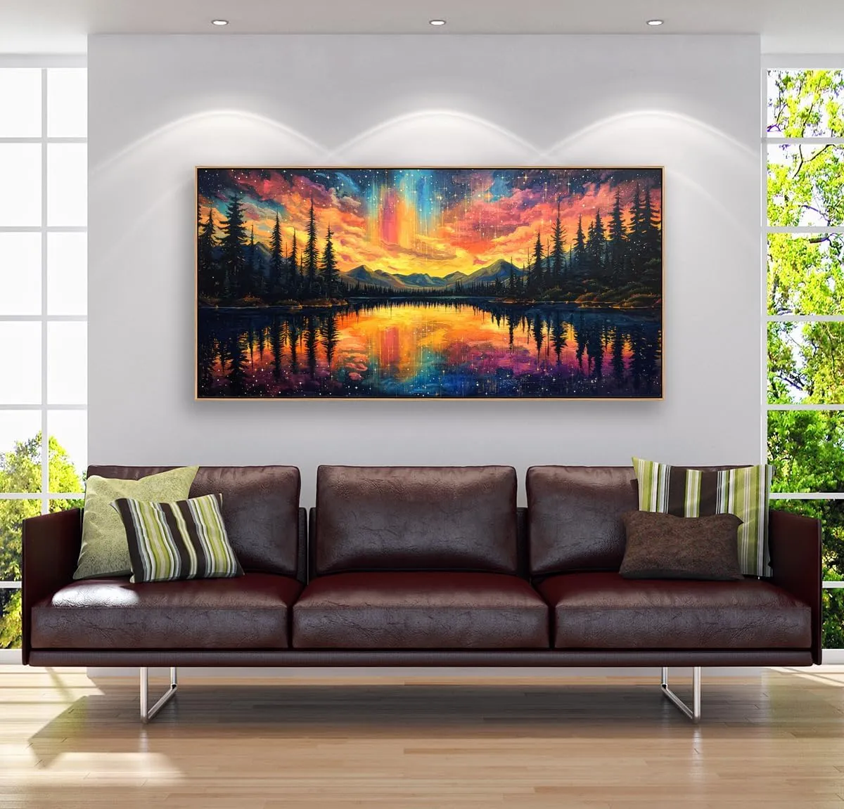 Tucai Decor Large Mountain Lake Sunset Canvas Wall Art Nature Landscape Painting with Aurora Night Sky for Living Room Decor Bedroom Office Wall Decor 20 x 40 inch Ready to Hang