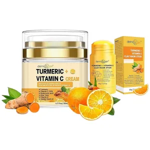 Turmeric Face Cream with Vitamin C Detox Clay Mask Bundle – Glow Boosting, Anti-Aging, Acne & Scar Reduction, Hydrating, Skin Repairing with Organic Ingredients for All Skin Types (1.7 FL OZ   2.5 OZ)